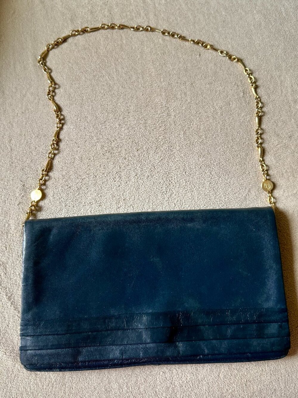 Vintage Edoardo Giannotti Italian Blue Leather Satchel/Shoulde Gold Chain Clutch
